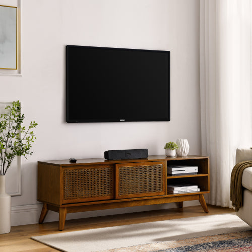 MCM Wood & Rattan Media Console TV Stand 59" – Mid-Century TV Stand (2 Colors) with natural texture and stylish design.
