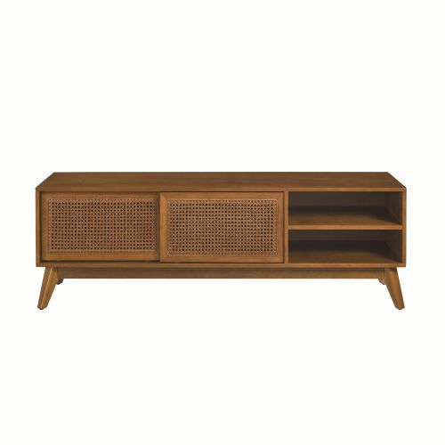MCM Wood & Rattan Media Console TV Stand 59" – Mid-Century TV Stand (2 Colors) with natural wood finish and rattan accents.