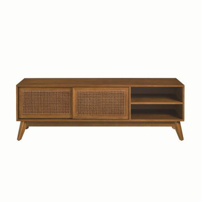 MCM Wood & Rattan Media Console TV Stand 59" – Mid-Century TV Stand (2 Colors) with natural wood finish and rattan accents.