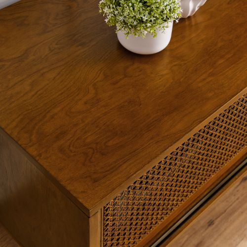 MCM Wood & Rattan Media Console TV Stand 59" – Mid-Century TV Stand (2 Colors) wooden surface with woven rattan accents.