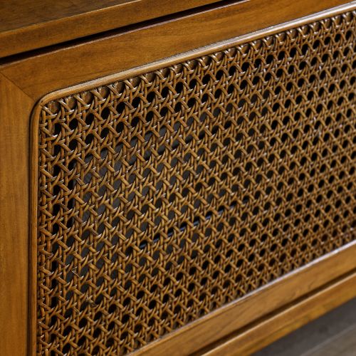 MCM Wood & Rattan Media Console TV Stand 59" – Mid-Century TV Stand (2 Colors) close-up of woven rattan detail.