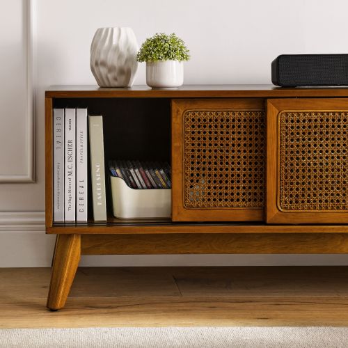 MCM Wood & Rattan Media Console TV Stand 59" – Mid-Century TV Stand (2 Colors) with books and decorative accents.