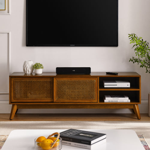 MCM Wood & Rattan Media Console TV Stand 59" – Mid-Century TV Stand (2 Colors) with natural texture and smart storage.