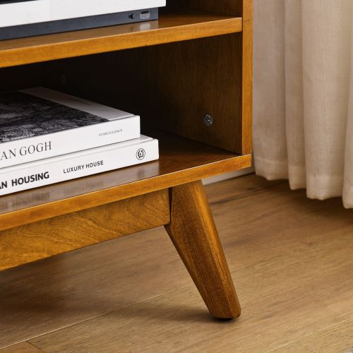 MCM Wood & Rattan Media Console TV Stand 59" – Mid-Century TV Stand (2 Colors) with wooden legs and open shelving.