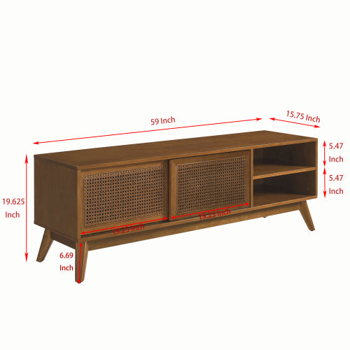 MCM Wood & Rattan Media Console TV Stand 59" – Mid-Century TV Stand (2 Colors) with dimensions and natural wood finish.