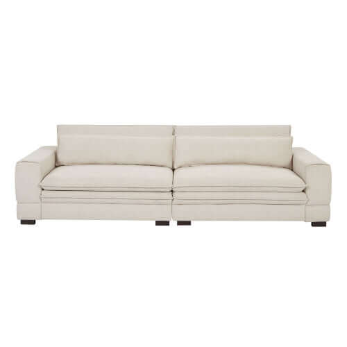Modern Low Profile Fabric Sofa 104" – Contemporary 4-Seat Couch (4 Colors) in light fabric upholstery.