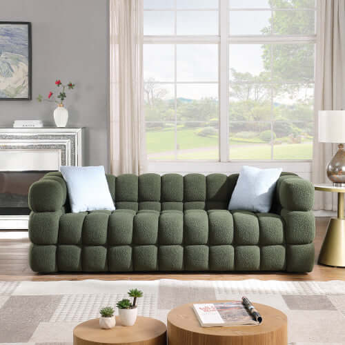Modern Tufted Boucle Marshmallow Sofa – Plush Upholstered Couch (2 or 3 Seater, 3 Colors) in green with blue pillows.