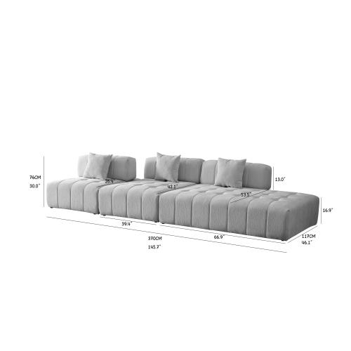 Modern Tufted Modular Sofa 143" – 3-Piece Configurable Sectional Couch (2 Colors) measurements and dimensions.