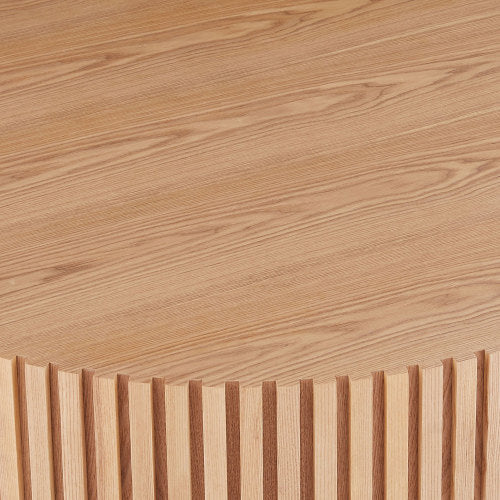 Close-up of the Contemporary Round Coffee Table 39" – Modern MDF Pedestal Coffee Table (3 Colors) wood grain surface.