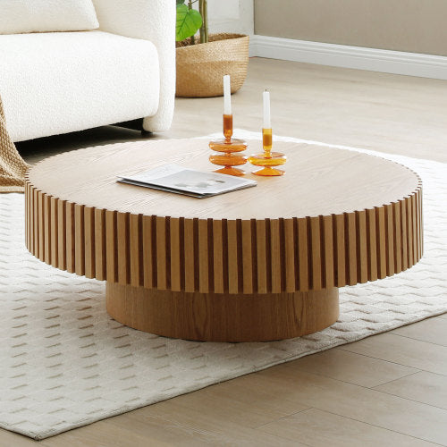 Contemporary Round Coffee Table 39" – Modern MDF Pedestal Coffee Table (3 Colors) with decorative elements.