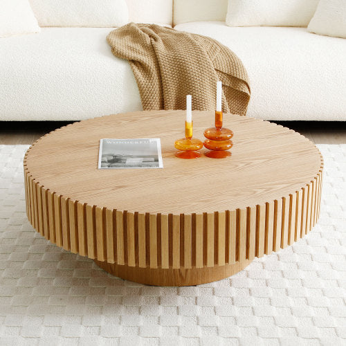 Contemporary Round Coffee Table 39" – Modern MDF Pedestal Coffee Table (3 Colors) with unique textured design.
