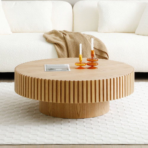Contemporary Round Coffee Table 39" – Modern MDF Pedestal Coffee Table (3 Colors) with unique ribbed design.