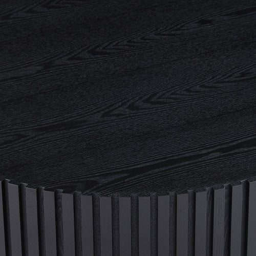 Contemporary Round Coffee Table 39" – Modern MDF Pedestal Coffee Table (3 Colors) - black wood grain close-up.