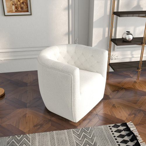 Delaney Tufted Swivel Barrel Chair – Modern Accent Chair (Multiple Colors & Fabrics) in white tufted fabric on a stylish floor.