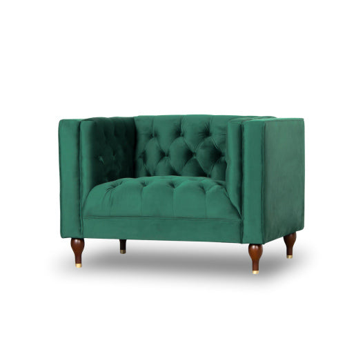 The Evelyn Mid-Century Tufted Velvet Lounge Chair 42 by Ashcroft Furniture features a green velvet finish, tufted back and seat, plush cushioning, square armrests, and dark wooden legs. Photographed on a white background.