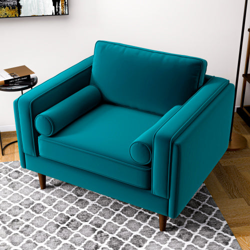 Amber MCM Velvet Accent Lounge Chair – Mid-Century Modern Upholstered Armchair (7 Colors, Plush Cushioning) in teal.