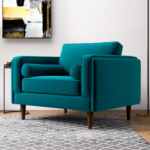 Amber MCM Velvet Accent Lounge Chair – Mid-Century Modern Upholstered Armchair (7 Colors, Plush Cushioning) in teal.