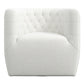 Delaney Tufted Swivel Barrel Chair – Modern Accent Chair (Multiple Colors & Fabrics) in white upholstery, tufted design.
