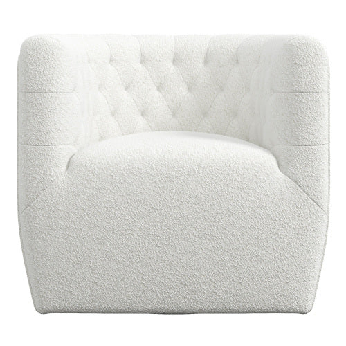 Delaney Tufted Swivel Barrel Chair – Modern Accent Chair (Multiple Colors & Fabrics) in white upholstery, tufted design.