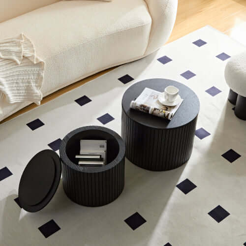 Handcrafted MDF Round Accent Table Set (2-Piece) – Nesting Side Tables with Storage (2 Colors) in modern living room.