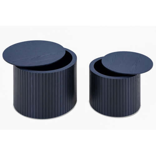 Handcrafted MDF Round Accent Table Set (2-Piece) – Nesting Side Tables with Storage (2 Colors) in navy blue.