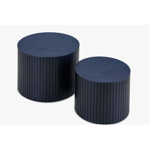 Handcrafted MDF Round Accent Table Set (2-Piece) – Nesting Side Tables with Storage (2 Colors) in navy blue finish.