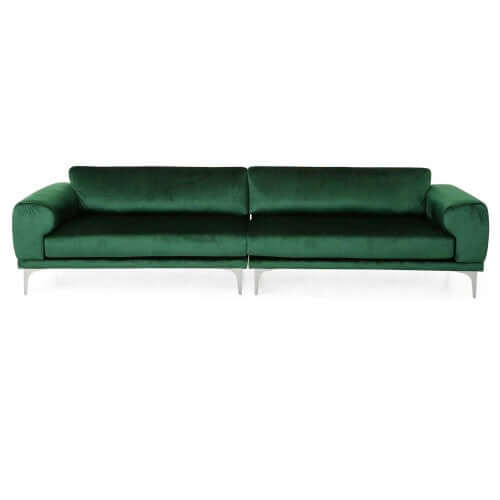 Emerald green velvet modular 2-piece sofa with plush fabric, sleek design, and modern metal legs.