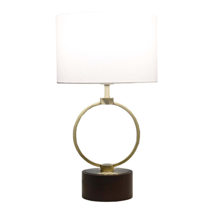 Cordelia Walnut Wood & Bronze Metal Table Lamp – 21" Circular Frame Bedside Lamp