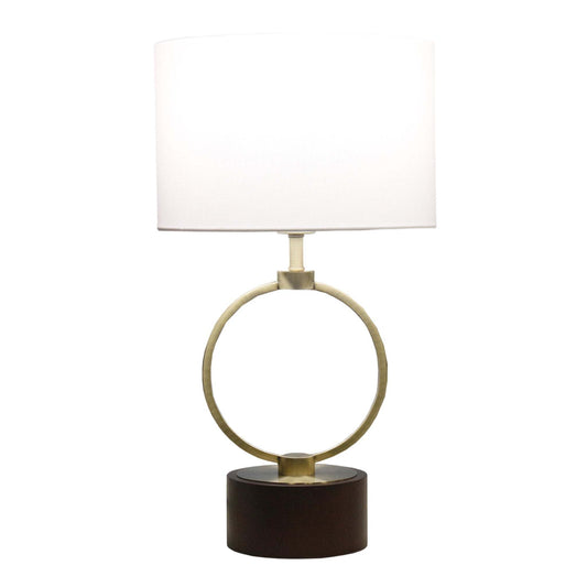 Cordelia Walnut Wood & Bronze Metal Table Lamp – 21" Circular Frame Bedside Lamp
