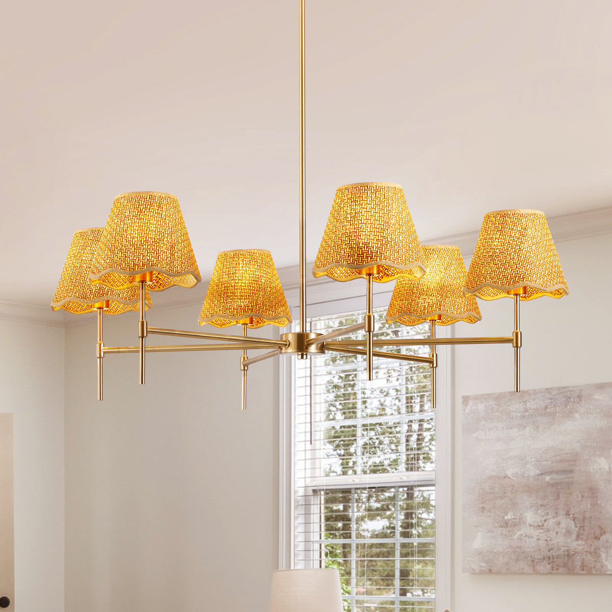Boho Rattan Chandelier 6-Lights Rustic Industrial Pendant Light, Adjustable Fixture for Kitchen Island, Dining, Living Room