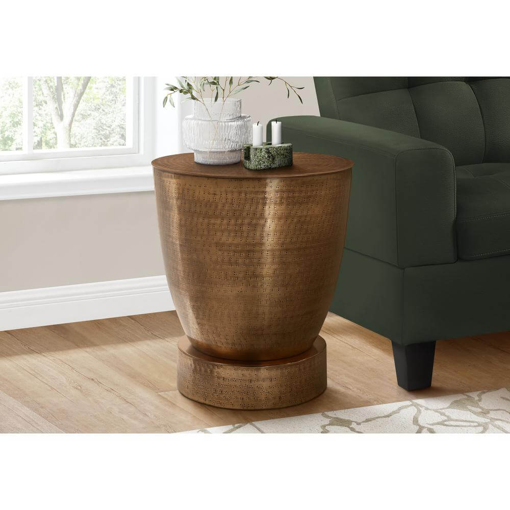 Hammered Metal Round Drum Accent Table 20" – Modern End Table (3 Colors) with textured metallic finish next to a sofa.