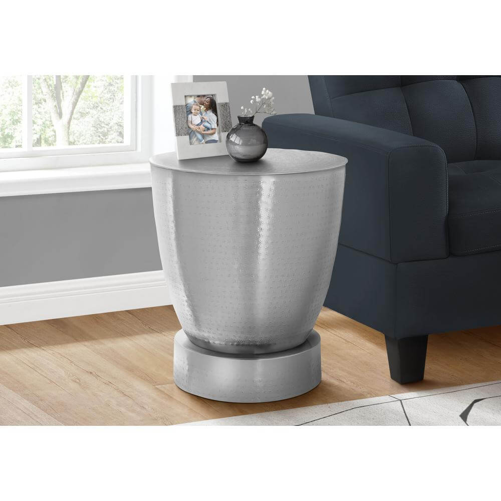 Hammered Metal Round Drum Accent Table 20" – Modern End Table (3 Colors) in a stylish living room setting.