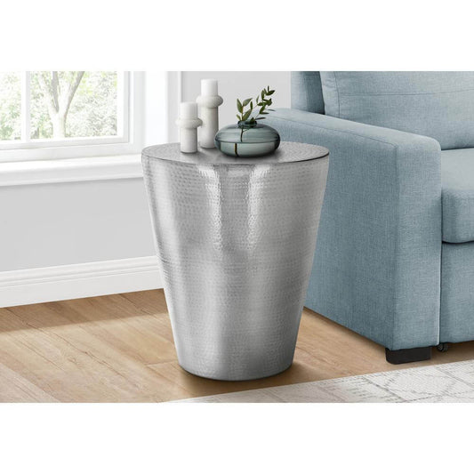 Hammered Metal Cone Accent Table 20" – Modern Sculptural End Table (3 Colors) in a living room setting.