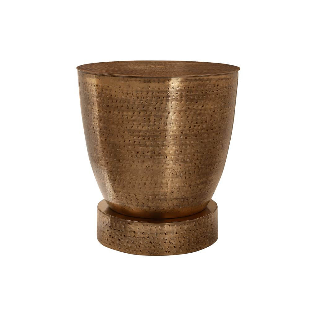 Hammered Metal Round Drum Accent Table 20" – Modern End Table (3 Colors) in bronze finish with textured surface.