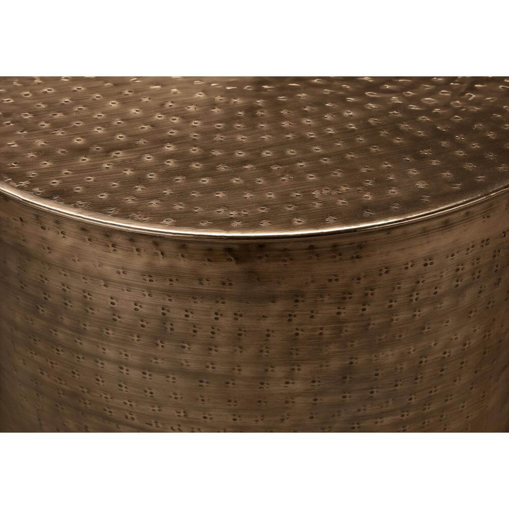 Hammered Metal Round Drum Accent Table 20" – Modern End Table (3 Colors) with textured bronze finish.