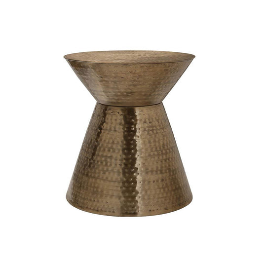Hammered Metal Hourglass Drum Accent End Table – Modern Sculptural Side Table (3 Colors) in a rich bronze finish.