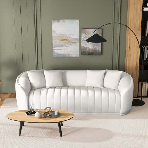 Mid-Century Modern Channel Tufted Boucle Sofa 92" – Markus Cream Boucle Couch