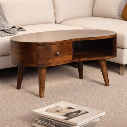 Viggo Chestnut Mango Wood Mini Coffee Table – 27.6" Wave Coffee Table with Drawer & Shelf