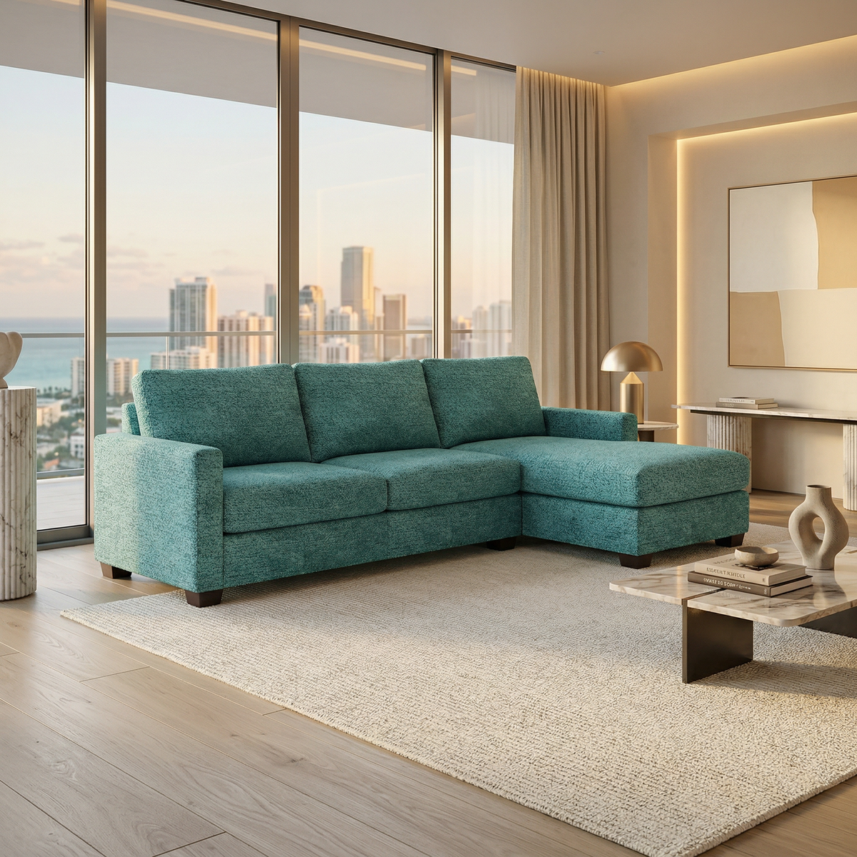 Damon L-Shaped Sectional Sofa – 120" Chaise Sectional in Fabric & Velvet - Hepburn Emerald - Fabric (13)