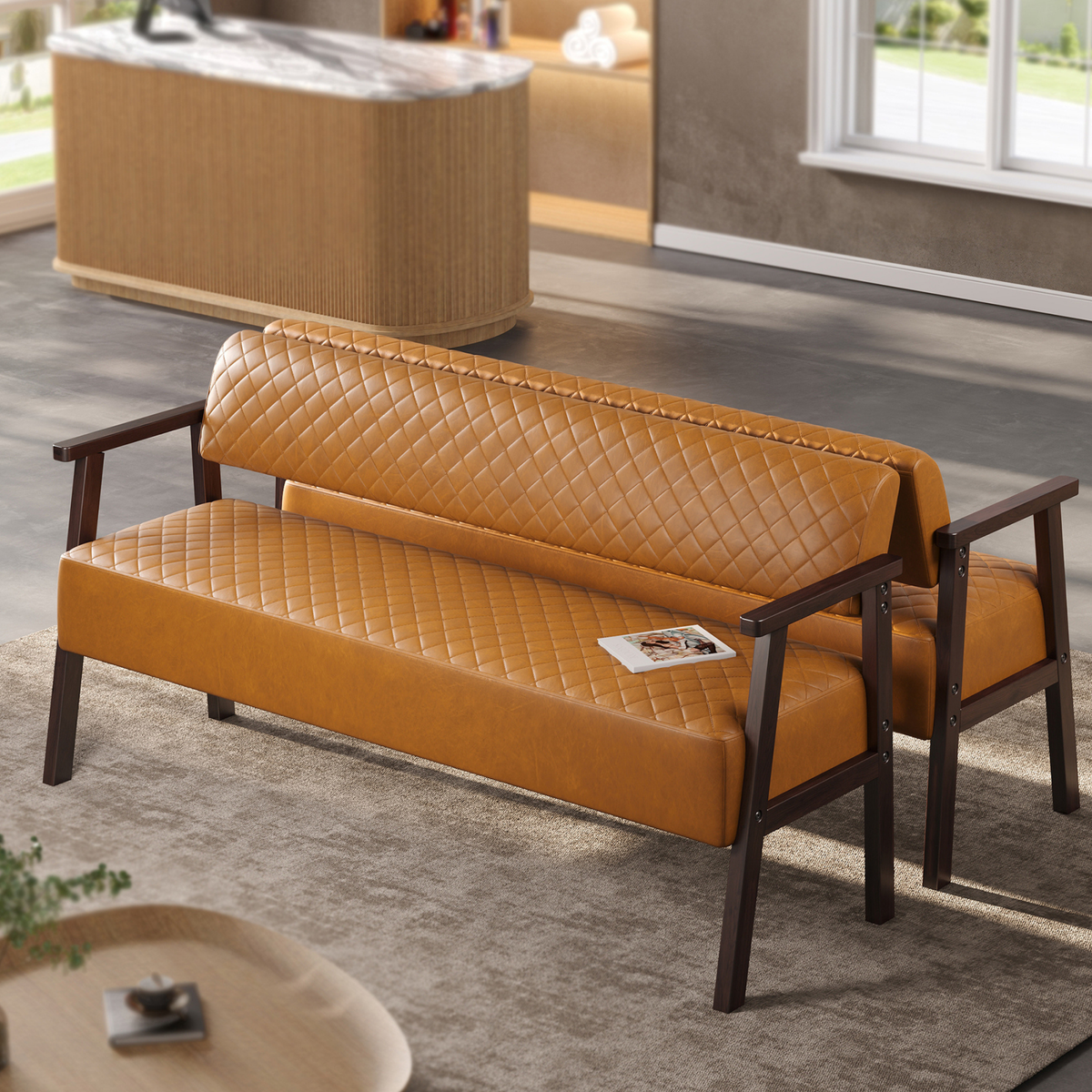 Belden Diamond-Quilted Faux Leather Bench in Cognac Brown