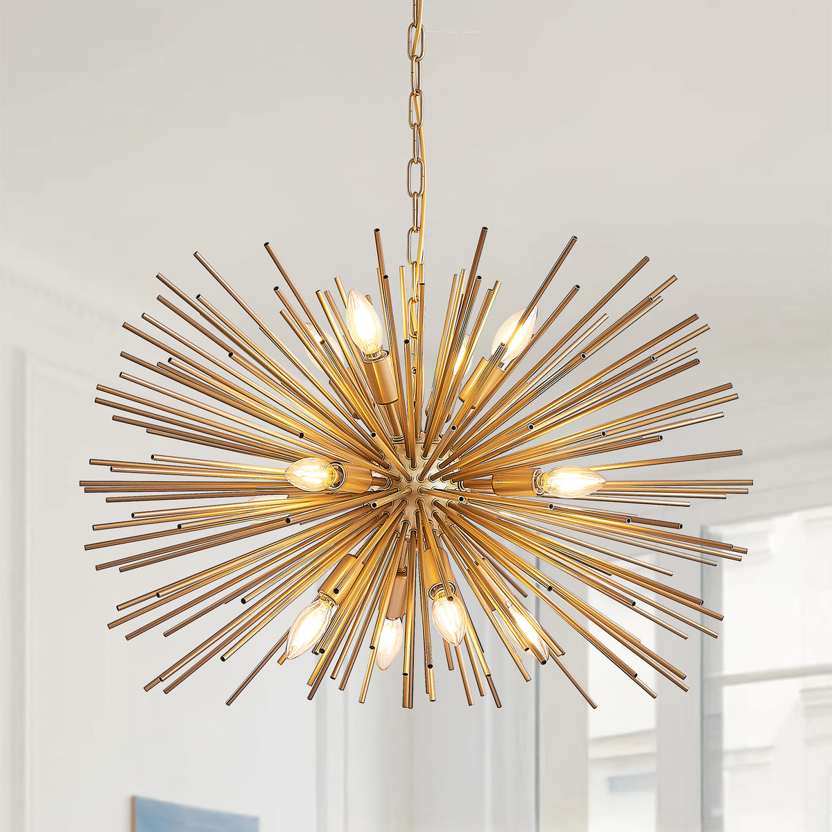 29" Mid-Century Modern 12-Light Starburst Chandelier, Gold Sputnik Pendant Light Fixture for Dining Room
