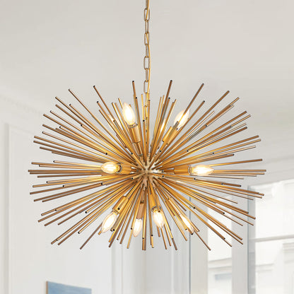 29" Mid-Century Modern 12-Light Starburst Chandelier, Gold Sputnik Pendant Light Fixture for Dining Room
