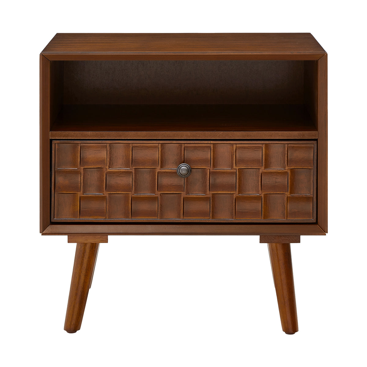 Mid-Century Modern Wood Nightstand with Carved Geometric Drawer Front, 1 Drawer and Open Shelf, Solid Wood Legs