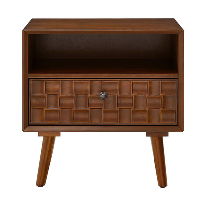 Mid-Century Modern Wood Nightstand with Carved Geometric Drawer Front, 1 Drawer and Open Shelf, Solid Wood Legs