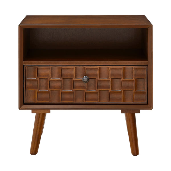 Mid-Century Modern Wood Nightstand with Carved Geometric Drawer Front, 1 Drawer and Open Shelf, Solid Wood Legs