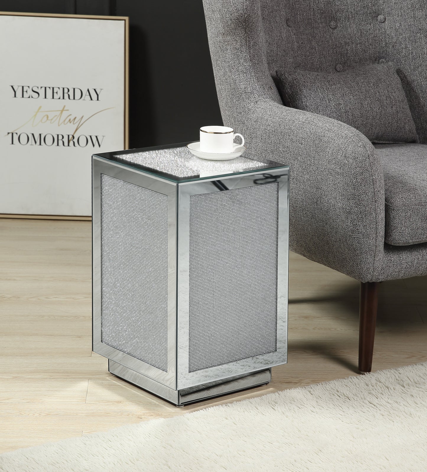 Noralie Silver Metal & Synthetic Wood & Mirror Accent Table