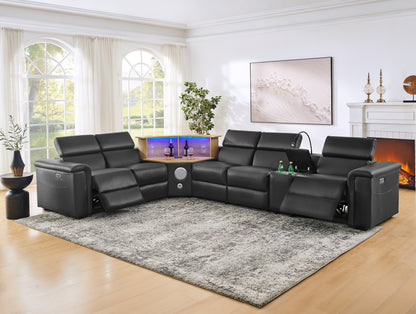Virgil Black L-Shaped Power Recliner Sectional – 130" with Wine Cabinet & Speakers