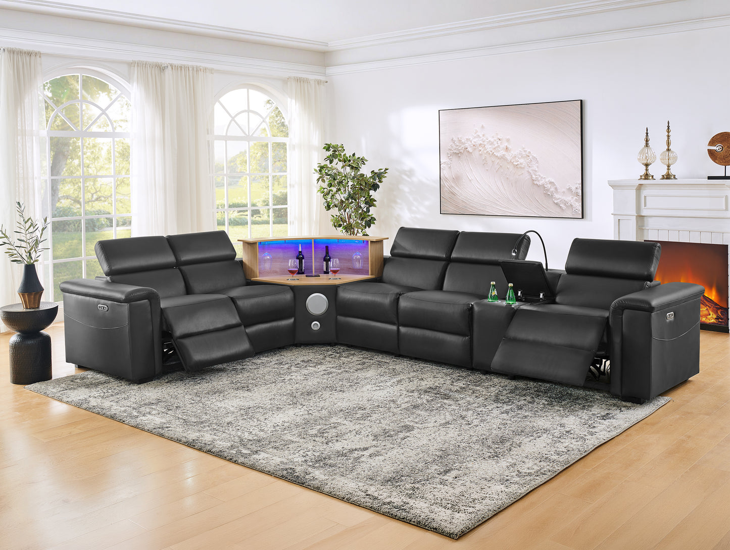 Virgil Black L-Shaped Power Recliner Sectional – 130" with Wine Cabinet & Speakers