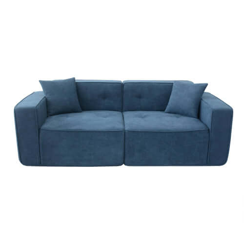 Modern low profile blue memory foam sofa with box arm design and two cushions for comfort.