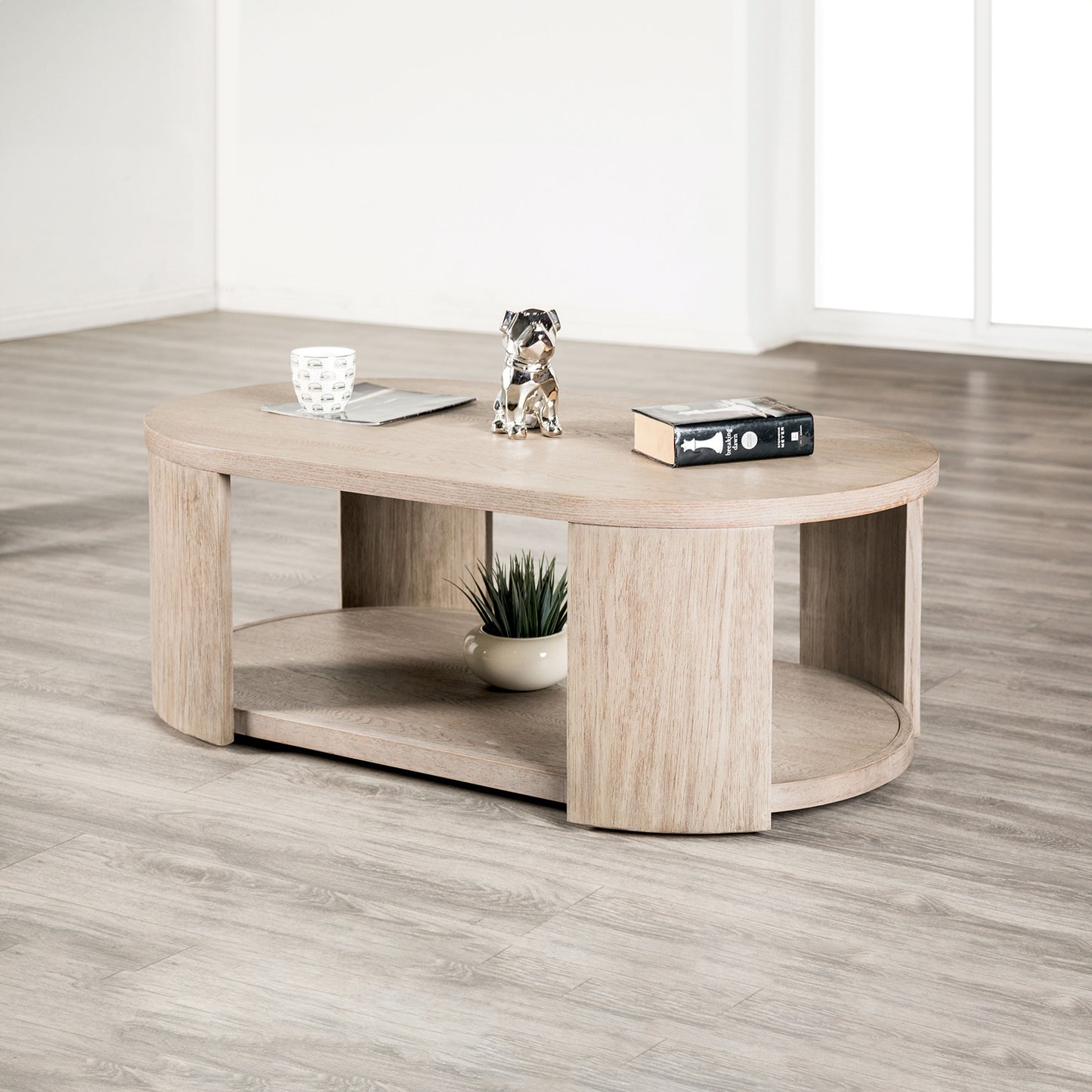 Dellow Oak Oval Coffee Table – 50" Rubberwood Table with Casters